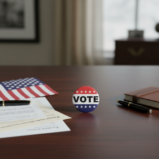 Round pinback button featuring VOTE text and red-white-blue star and stripe design
