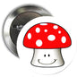 Red mushroom face button brooch with white spots and smile, round silver pin back