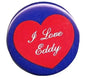Heart pinback button with red face and white "I Love Eddy" text