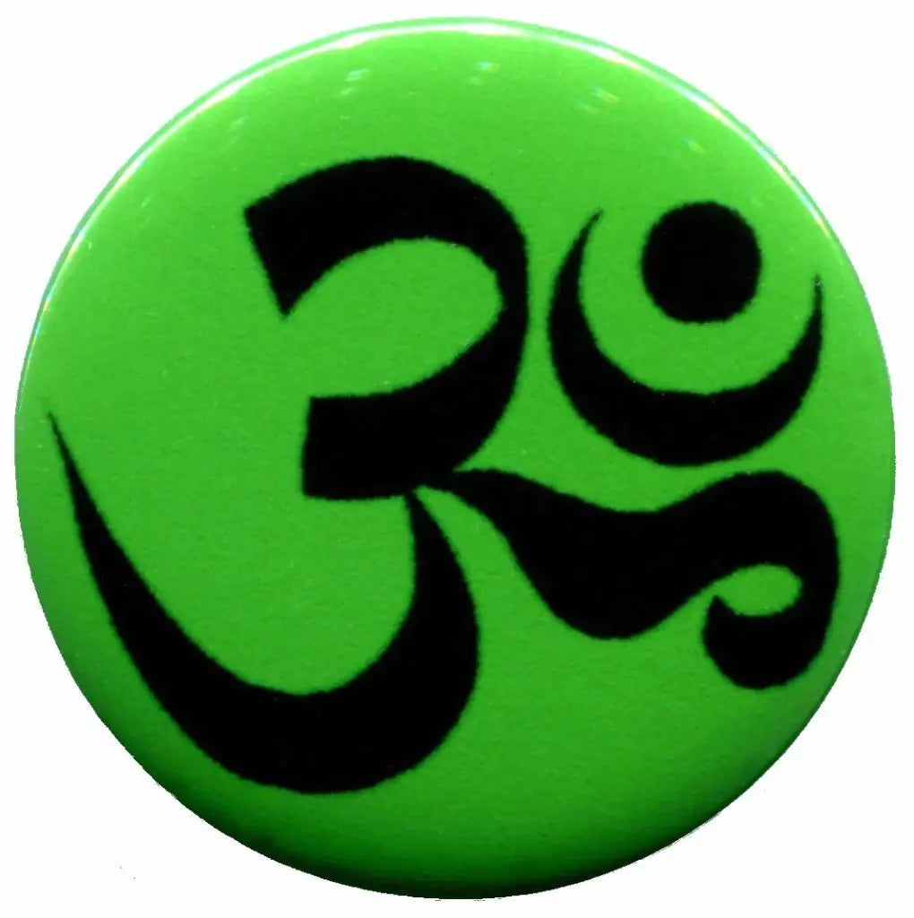 Aum Om Infinity pinback button, round green with black Om/Aum symbol print
