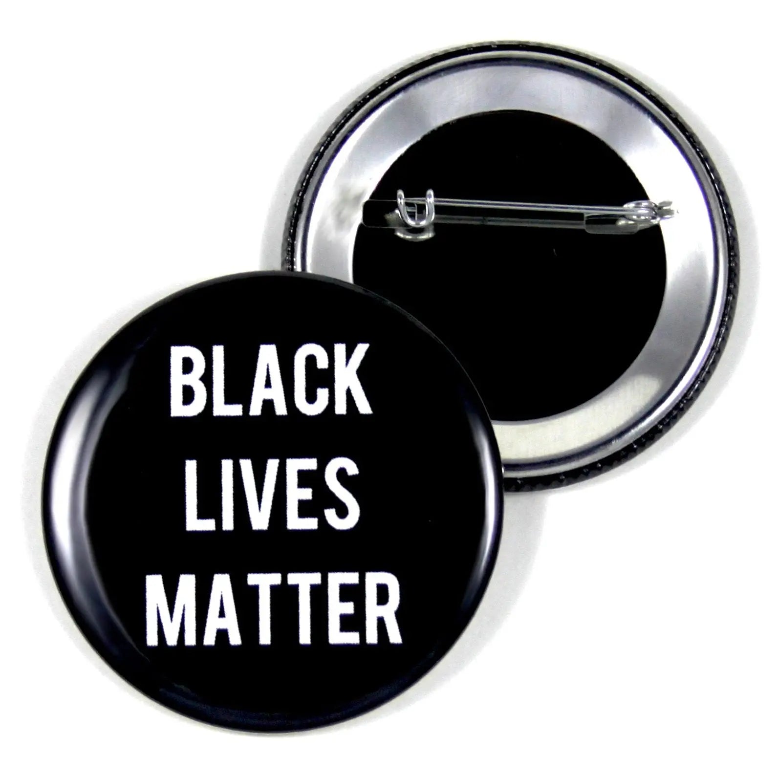 Black pinback button with silver rim and "BLACK LIVES MATTER" text