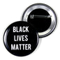 Black pinback button with silver rim and "BLACK LIVES MATTER" text