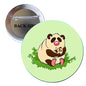 Round green panda pinback button brooch with cartoon panda hugging baby panda