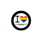 2.25-inch pinback button: black ring, rainbow heart, I >>name<<