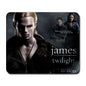 Dark rectangular mouse pad with grayscale portrait of James and 'twilight' text