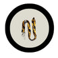Flame-themed lanyard with metal hook and split ring, yellow and black strap loop