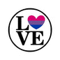 Round heart and LOVE button pin with multicolored pride stripes