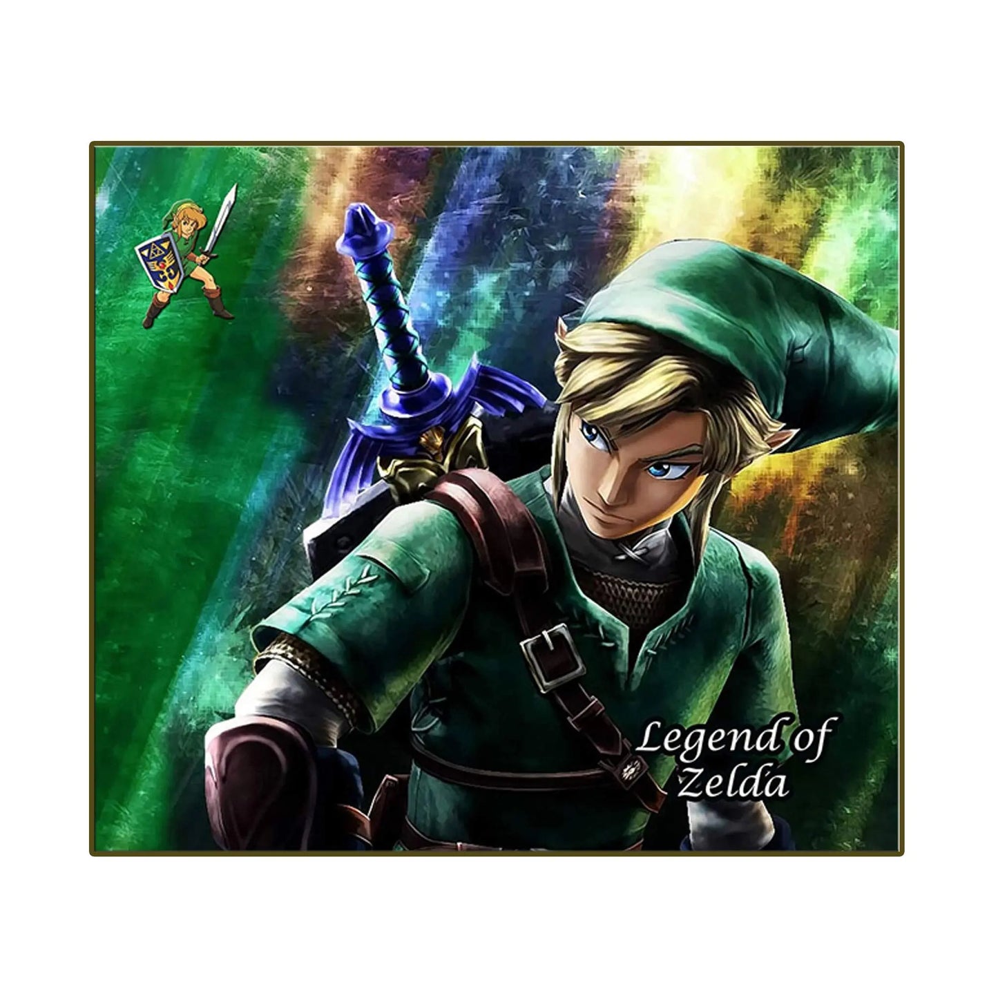 Rectangular gaming mouse pad with Legend of Zelda-style hero artwork in green and blue