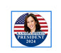 Circular Kamala Harris President 2024 pin with portrait and stars-and-stripes flag design