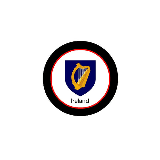 Ireland coat of arms round emblem patch with blue harp on white, black and red border
