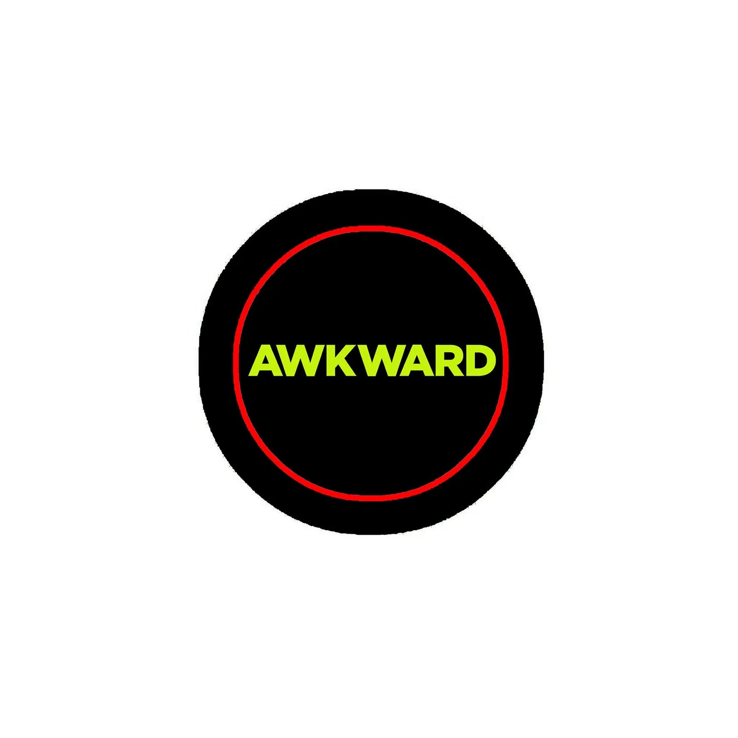 2.25-inch pinback button: black circle with red ring and AWKWARD text