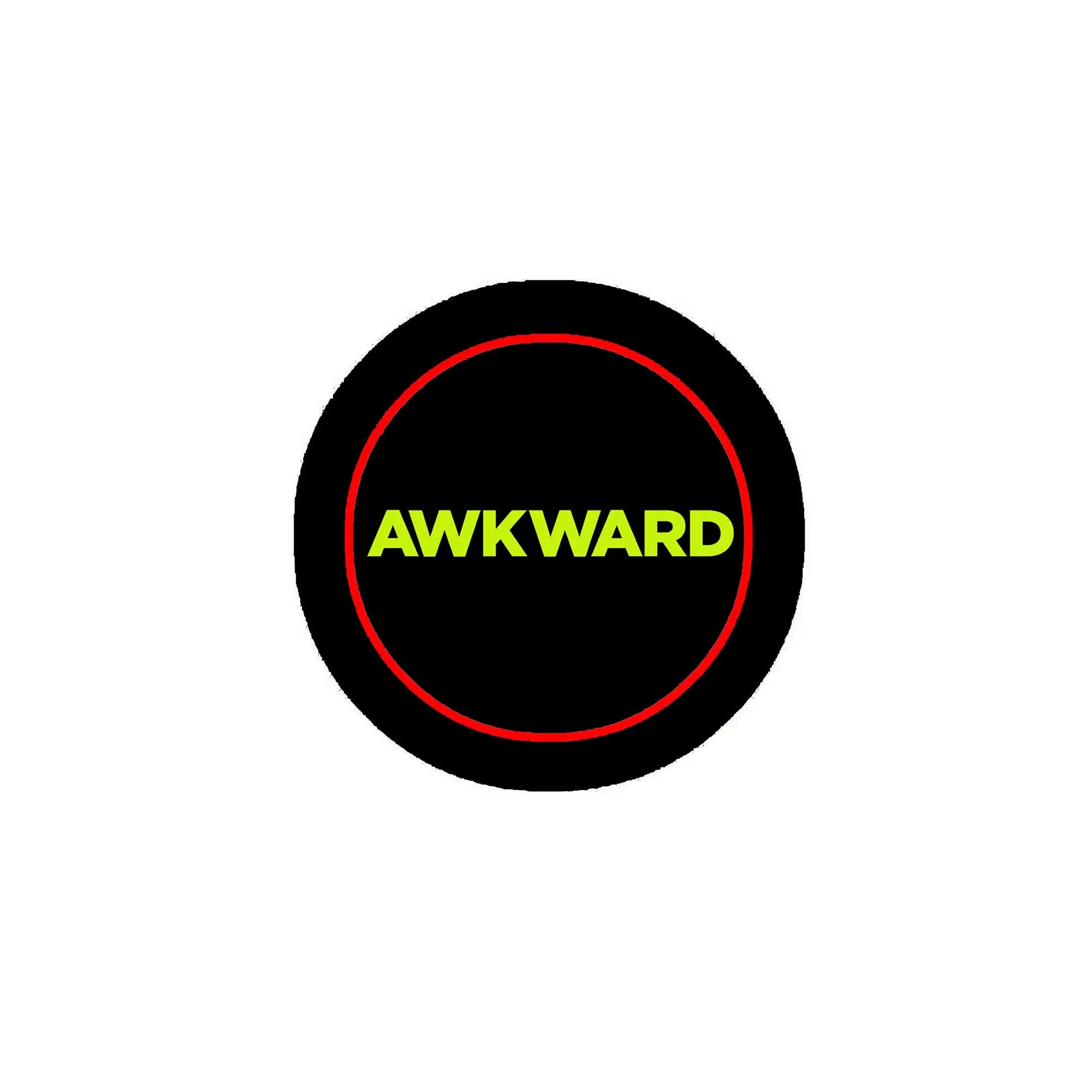 2.25-inch pinback button: black circle with red ring and AWKWARD text