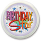 Birthday star pinback button pin with multicolor 'Birthday Star' lettering and stars