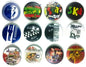 Set of round SKA pinback buttons with colorful illustrated faces and logos