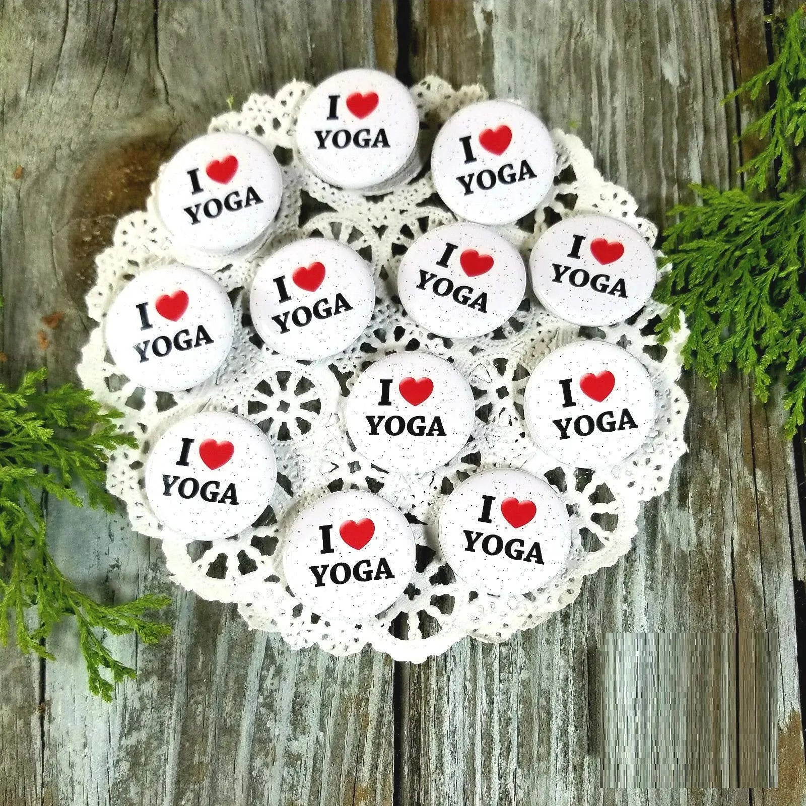 Round white I ♥ YOGA button pins, set of 12 with pinbacks