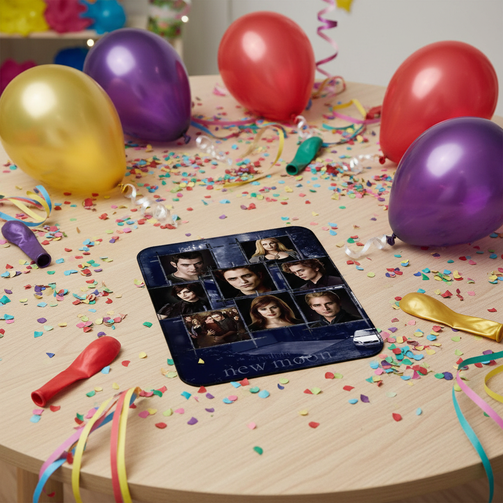 Blue character collage mousepad on table with balloons and party streamers