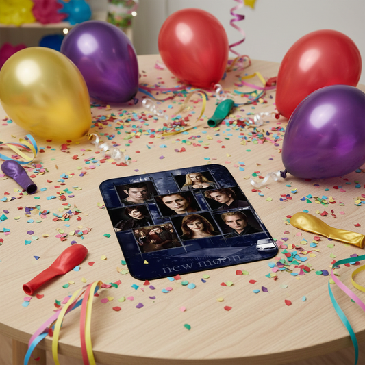 Blue character collage mousepad on table with balloons and party streamers
