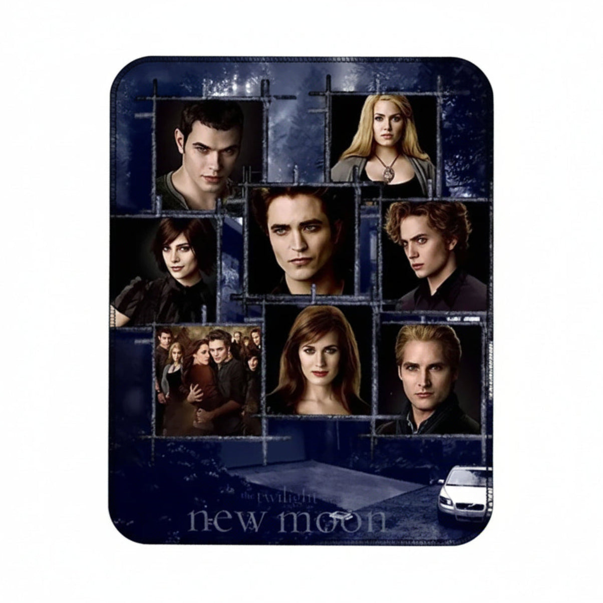 Blue New Moon Saga mousepad with character collage and logo text