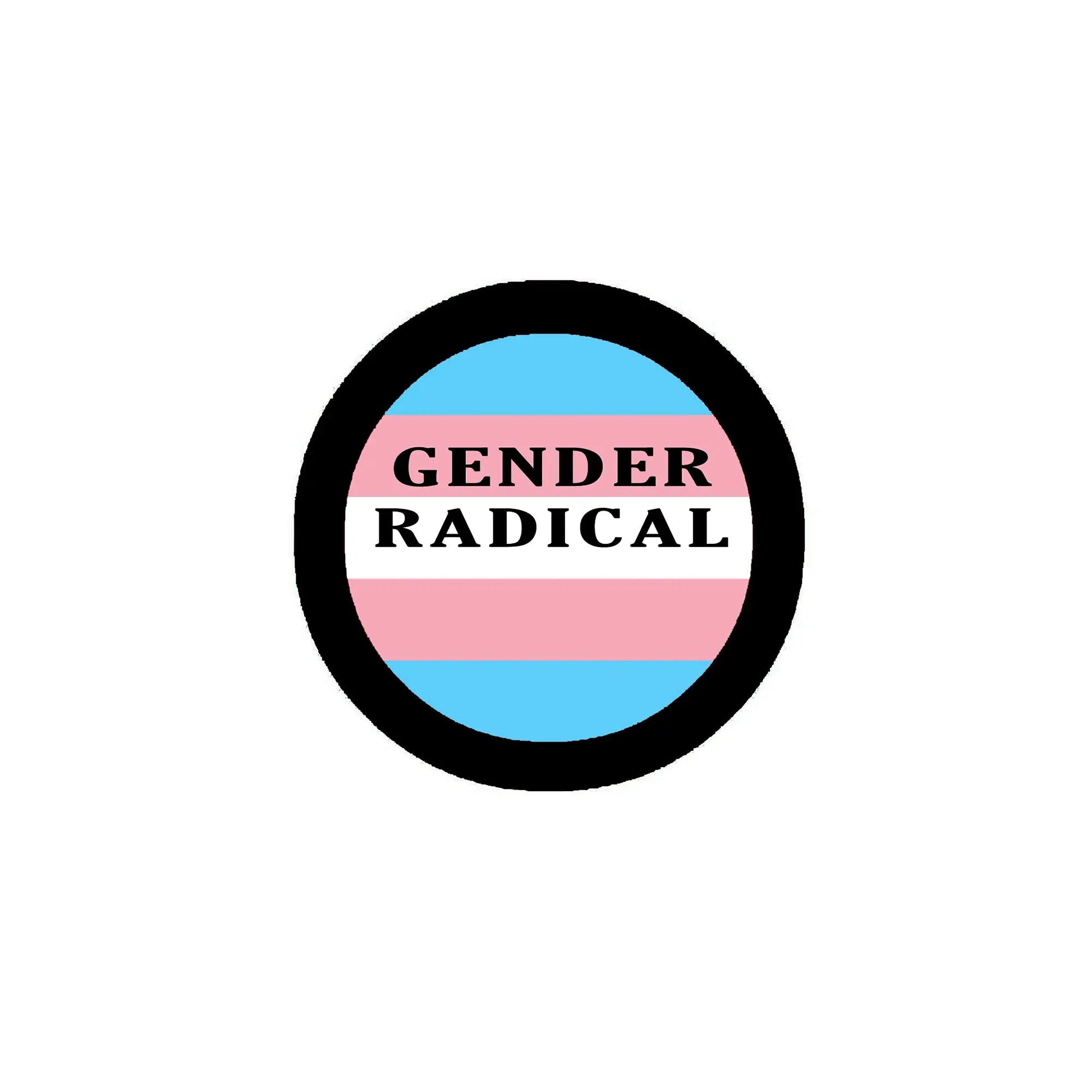 Gender Radical circular enamel badge pin, black rim, colored stripes with text