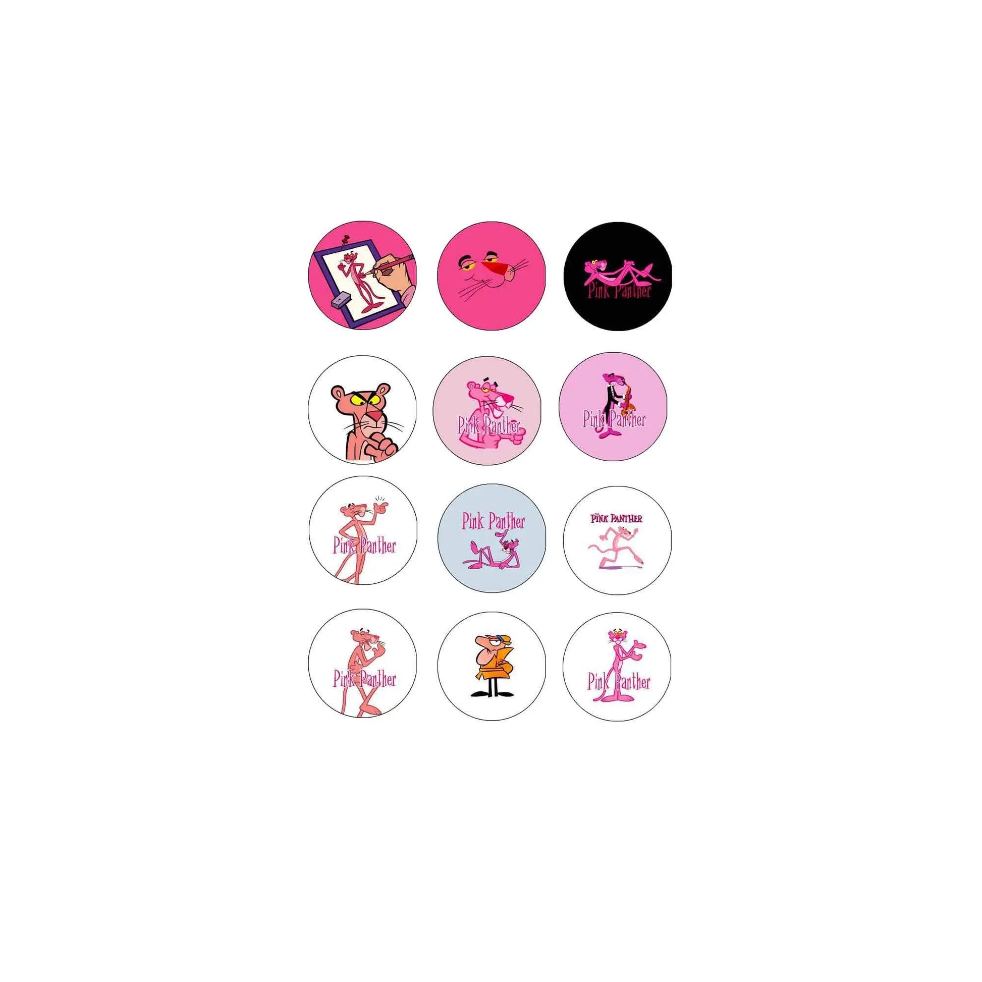 Set of 8 round pink pin-back badge brooches with Pink Panther character designs