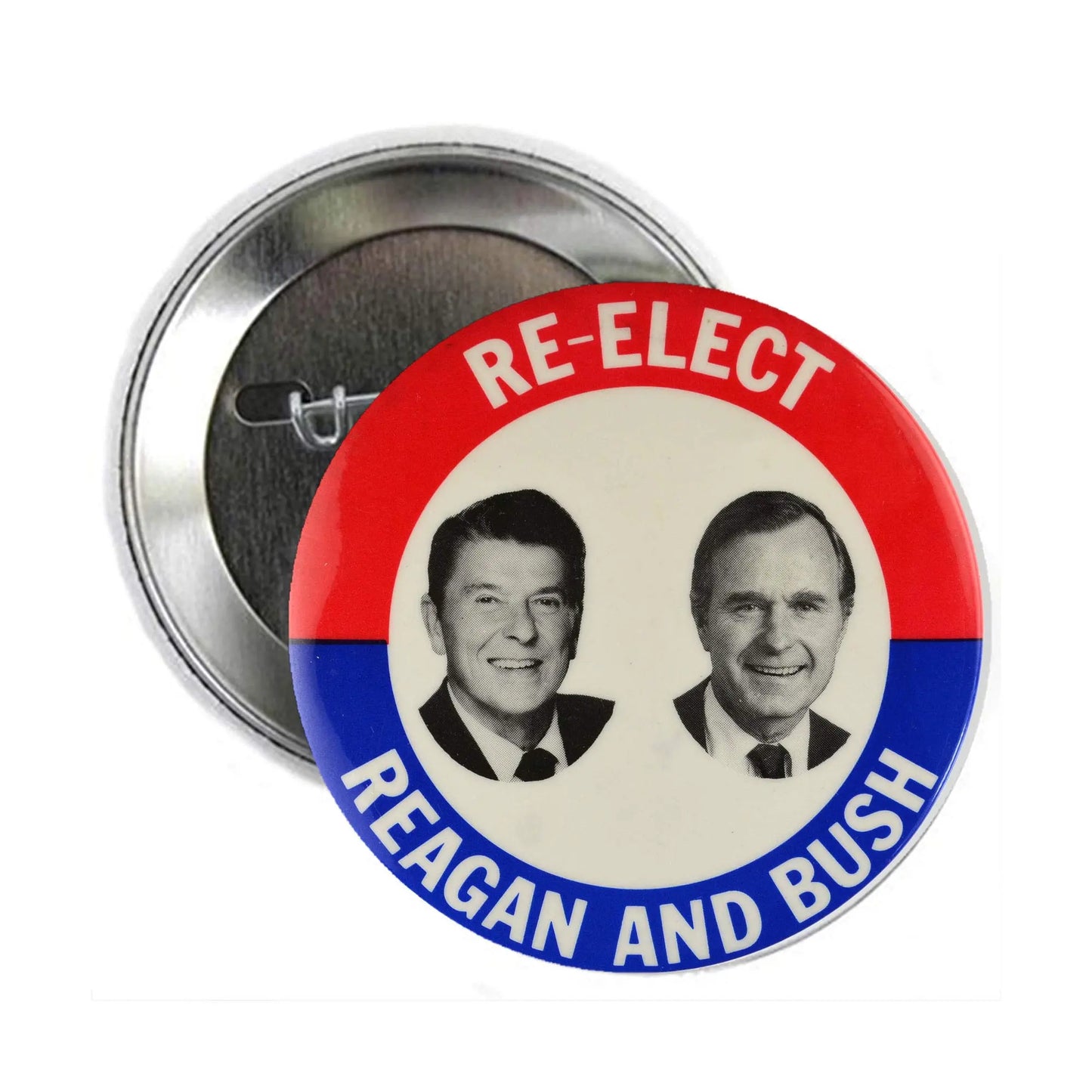 Round red, white and blue Reagan and Bush re-elect campaign pin with two portraits