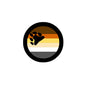 2.25-inch pride flag pinback with black frame and bear paw icon