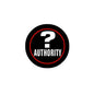 2.25-inch pinback button, black with red ring, white question mark and AUTHORITY text