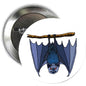 Bat-wing Halloween pinback button with blue bat graphic, round 1.25-inch