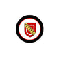 Enamel coat of arms pinback badge with black border and red-white circle emblem