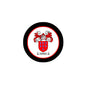 Circular family crest coat arms magnet with black border and blue shield design