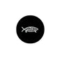 2.25-inch black pinback button badge with white Darwin fish logo