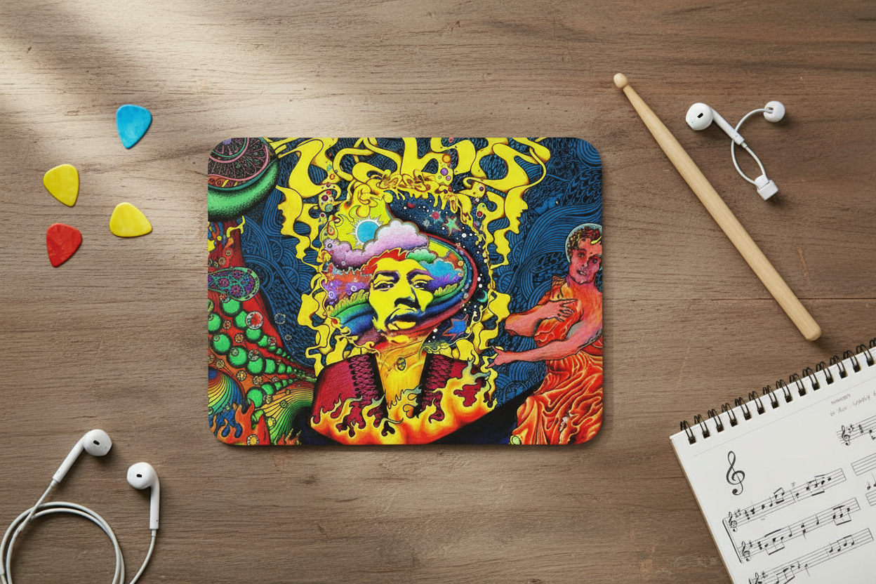 Psychedelic portrait desk mat on wooden desk with rounded corners, blue yellow and red