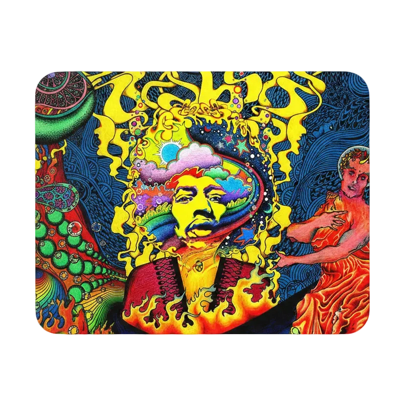 Rounded rectangular desk mat with psychedelic portrait artwork in blue, yellow, and red