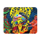 Rounded rectangular desk mat with psychedelic portrait artwork in blue, yellow, and red