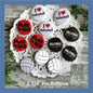 Round volleyball pinback buttons, red and white with “I ♥ Volleyball” text
