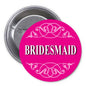1.25-inch pinback button with magenta “BRIDESMAID” design and silver metal backing