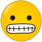 Yellow smiley face pinback button, 1.25 in, black eyes and open stitched grin