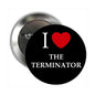 Black round pinback button: I ♥ THE TERMINATOR with red heart; silver pin back