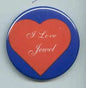 Blue heart pinback button with orange center and “I Love Jewel” script text
