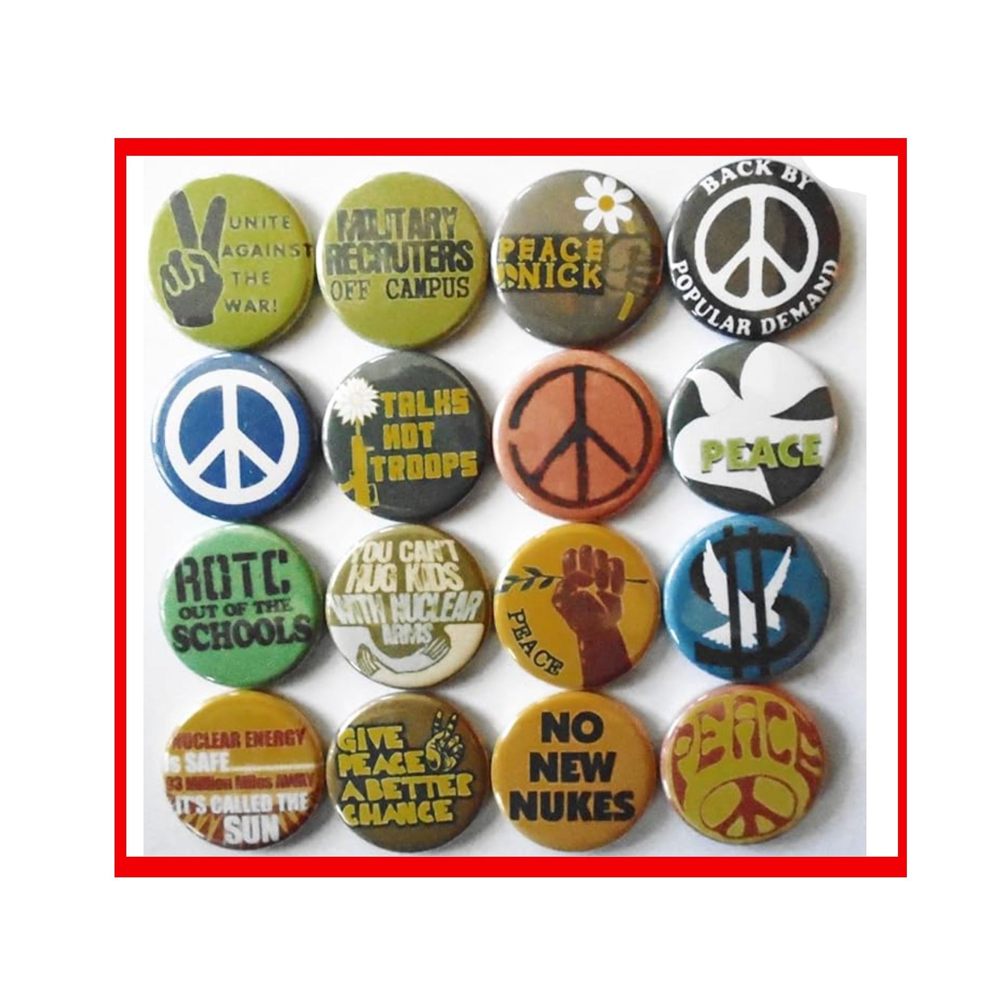 16 Hippie 1.25-inch Pinback Buttons, Retro Hippie, Hippy, Anti War