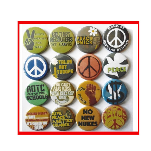 16 Hippie 1.25-inch Pinback Buttons, Retro Hippie, Hippy, Anti War