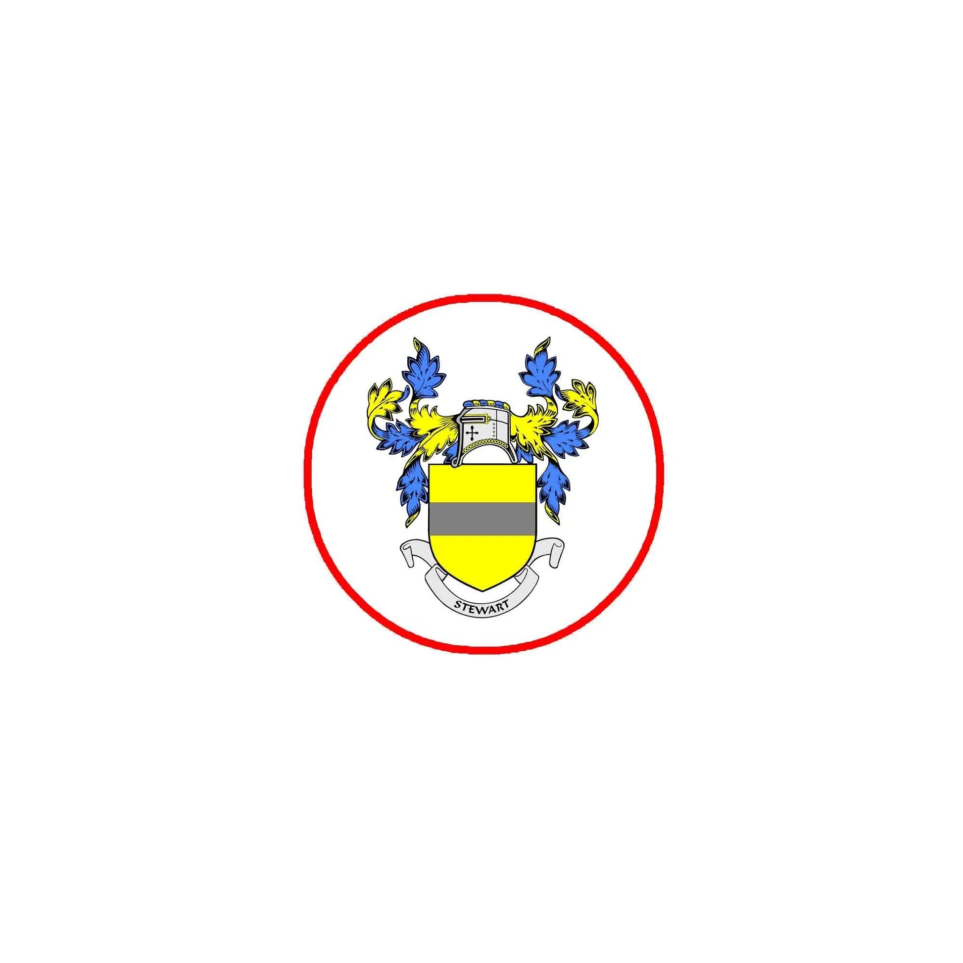 Stewart family crest coat arms magnet, circular 3-inch red-bordered shield design