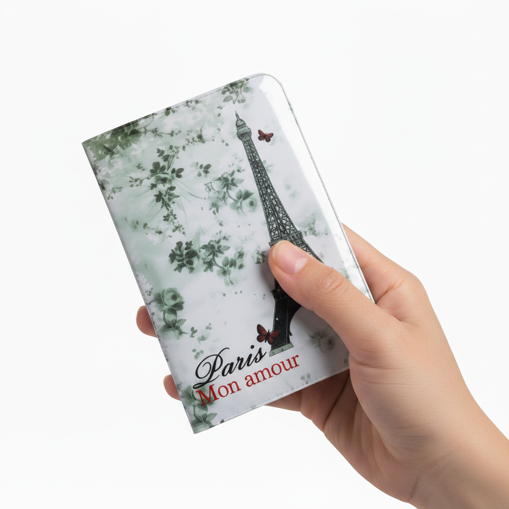 Floral passport cover with Eiffel Tower and butterflies, mint and white design