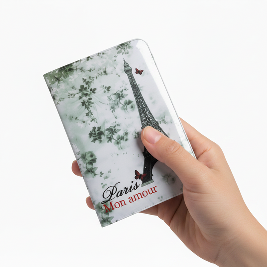 Floral passport cover with Eiffel Tower and butterflies, mint and white design