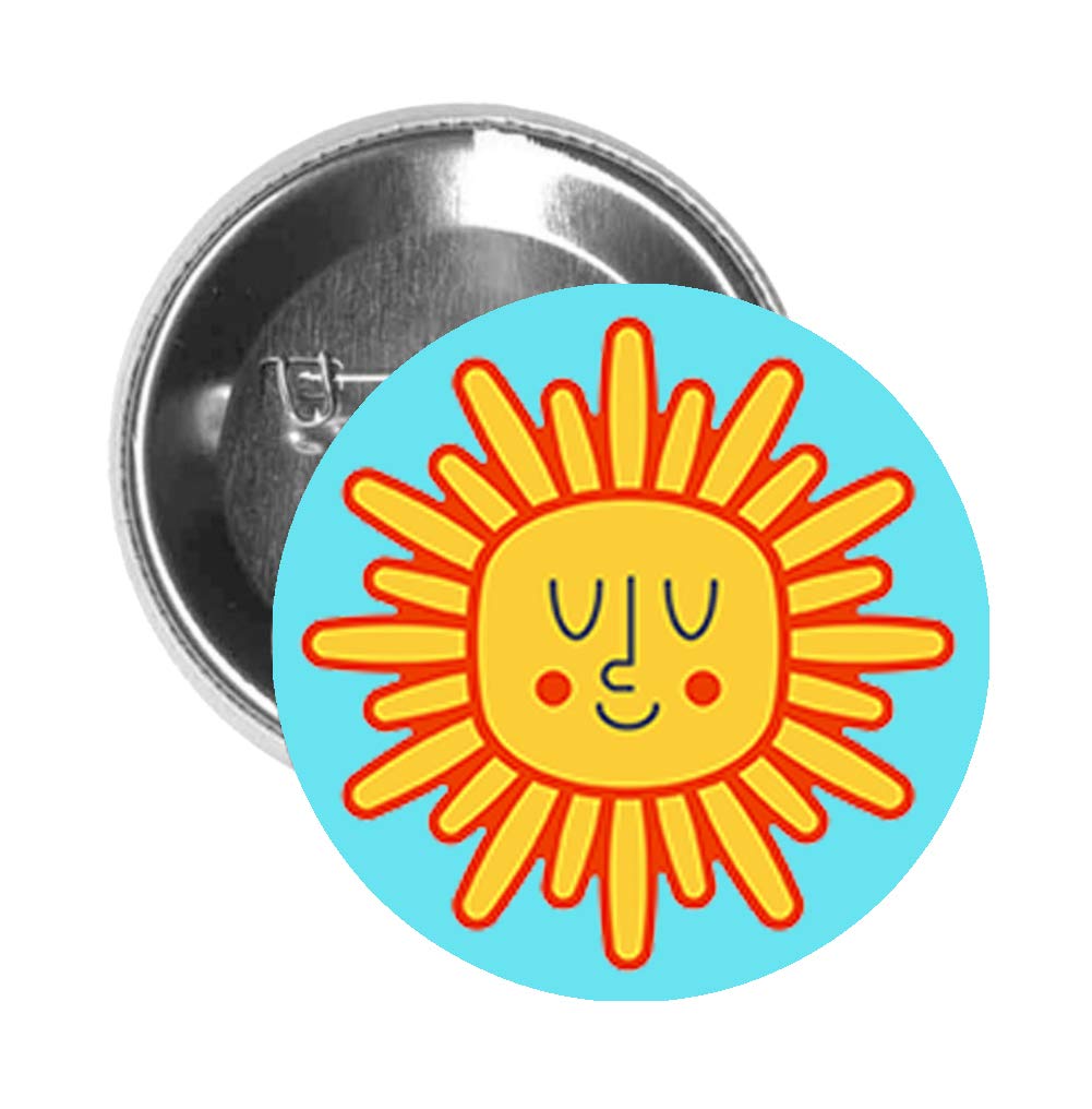 Round Pinback Button Pin Brooch Smiling Yellow Red Flower Sun Symbol Cartoon Emoji Light Blue (2.25-inch) Default Title