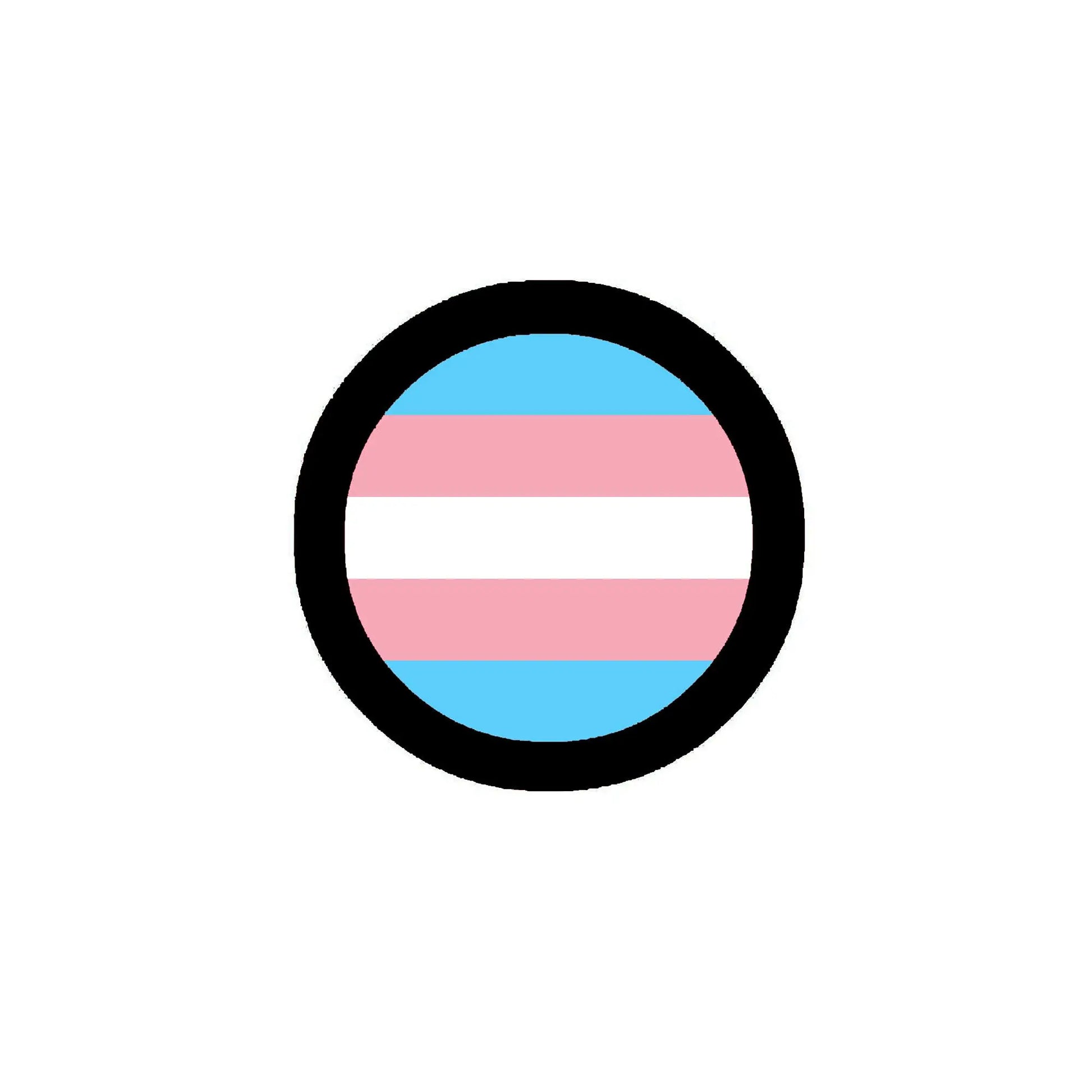 Transgender pride flag badge pin with circular black border and horizontal pastel stripes