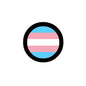 Transgender pride flag badge pin with circular black border and horizontal pastel stripes