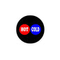 2.25-inch duo pin badge, black with HOT red and COLD blue halves
