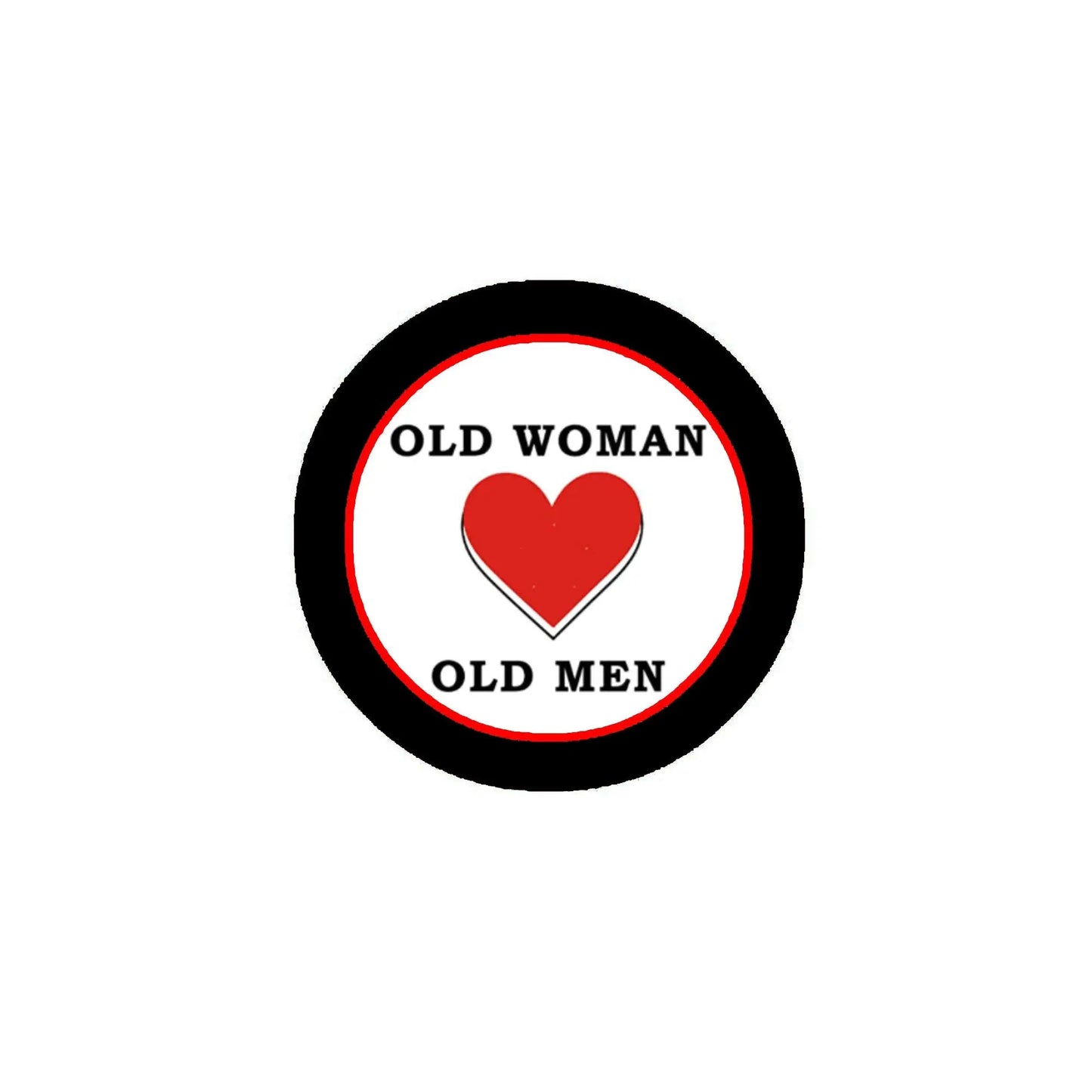 Round 2.25-inch pinback button with black border, white center, red heart and text.
