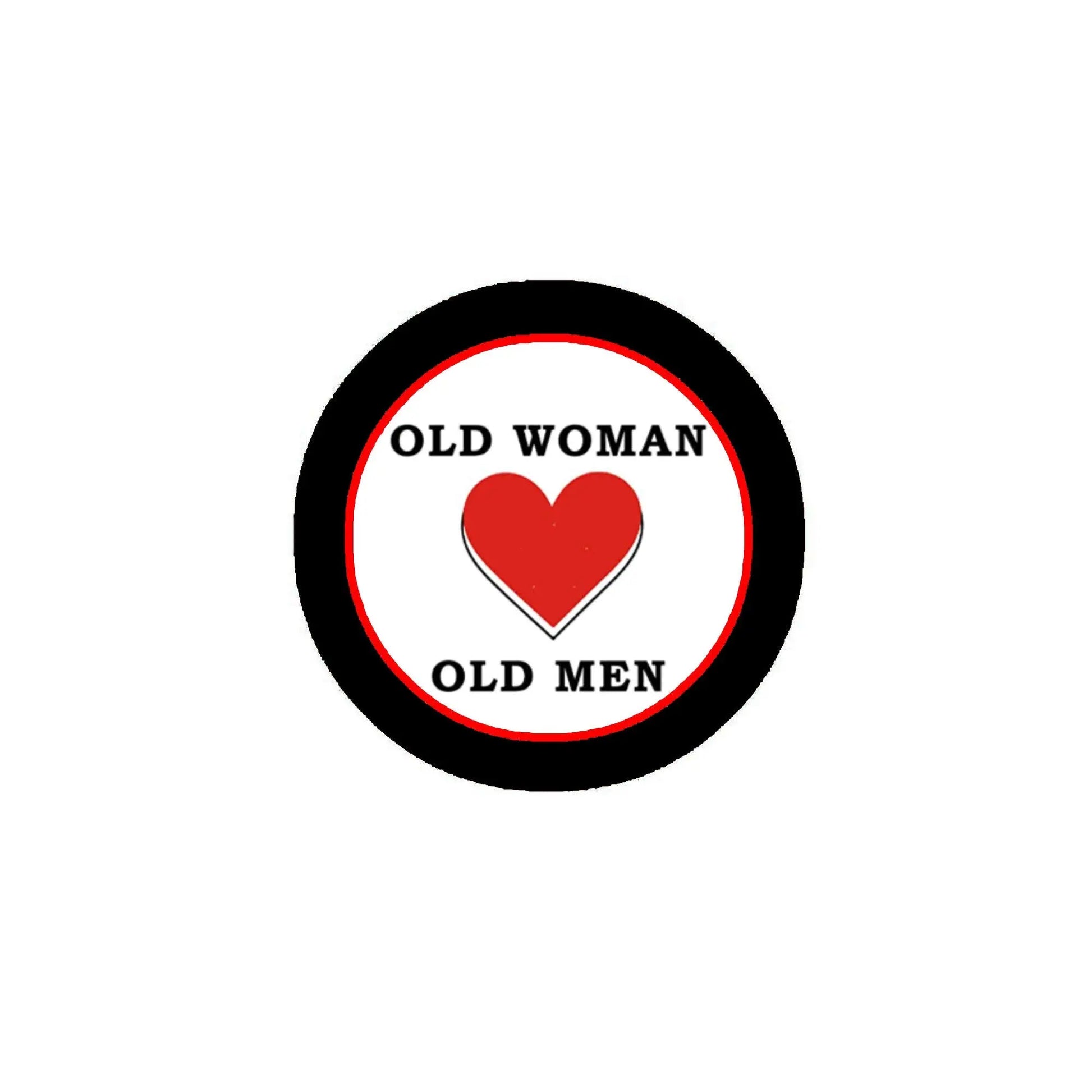 Round 2.25-inch pinback button with black border, white center, red heart and text.